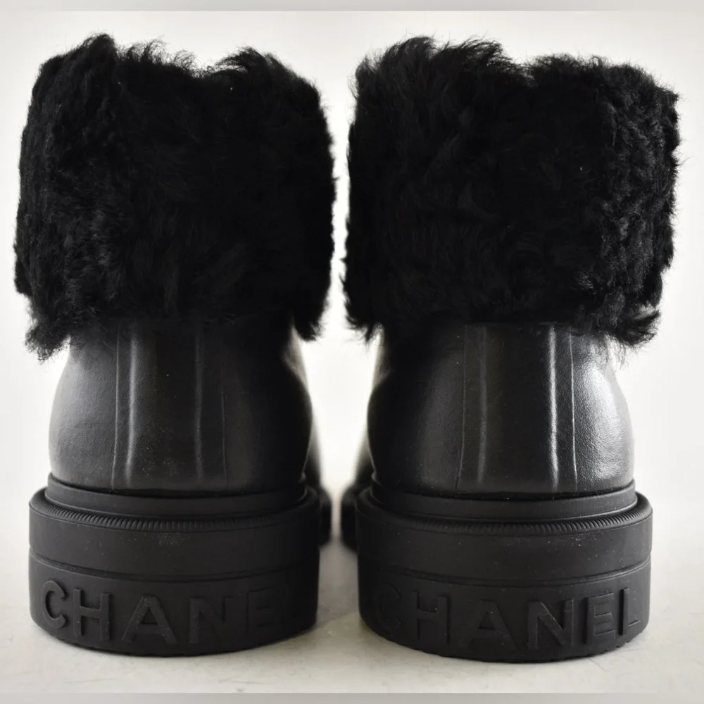 Chanel 24K Black Sheep Shearling Fur Rubber CC Low Top Short Ankle Rain Boots 42 - Picture 14 of 16